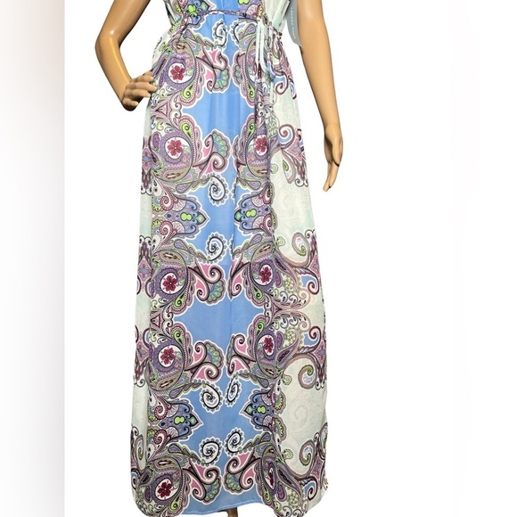 London Times Halter Printed Floral Boho maxi Key Hold dress with tie belt Size 4 - Picture 3 of 14